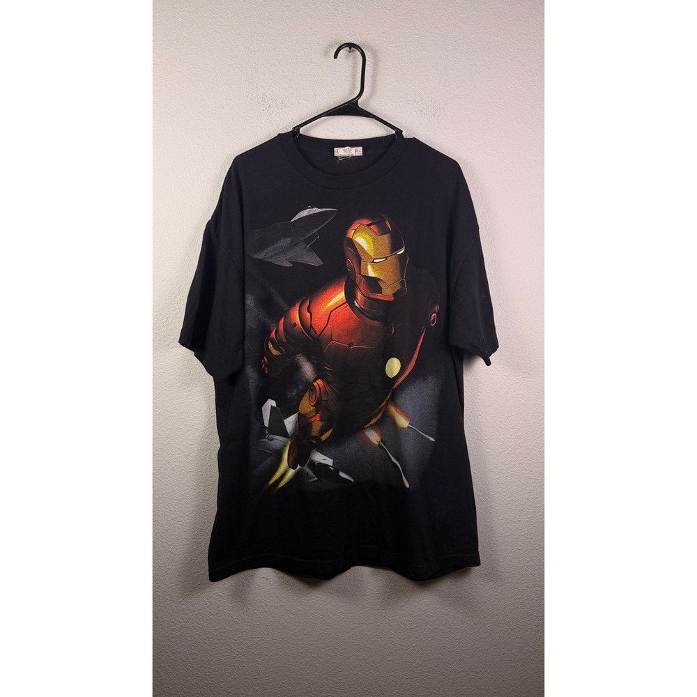 Vtg Y2K 2008 Iron Man Movie Promo AOP Mega Print Glitter T-Shirt Black Men's XL